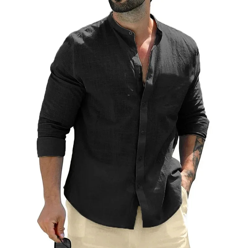 Men's shirt, long-sleeved shirt, solid color, round neck, single-breasted shirt, outdoor casual business office clothing, large