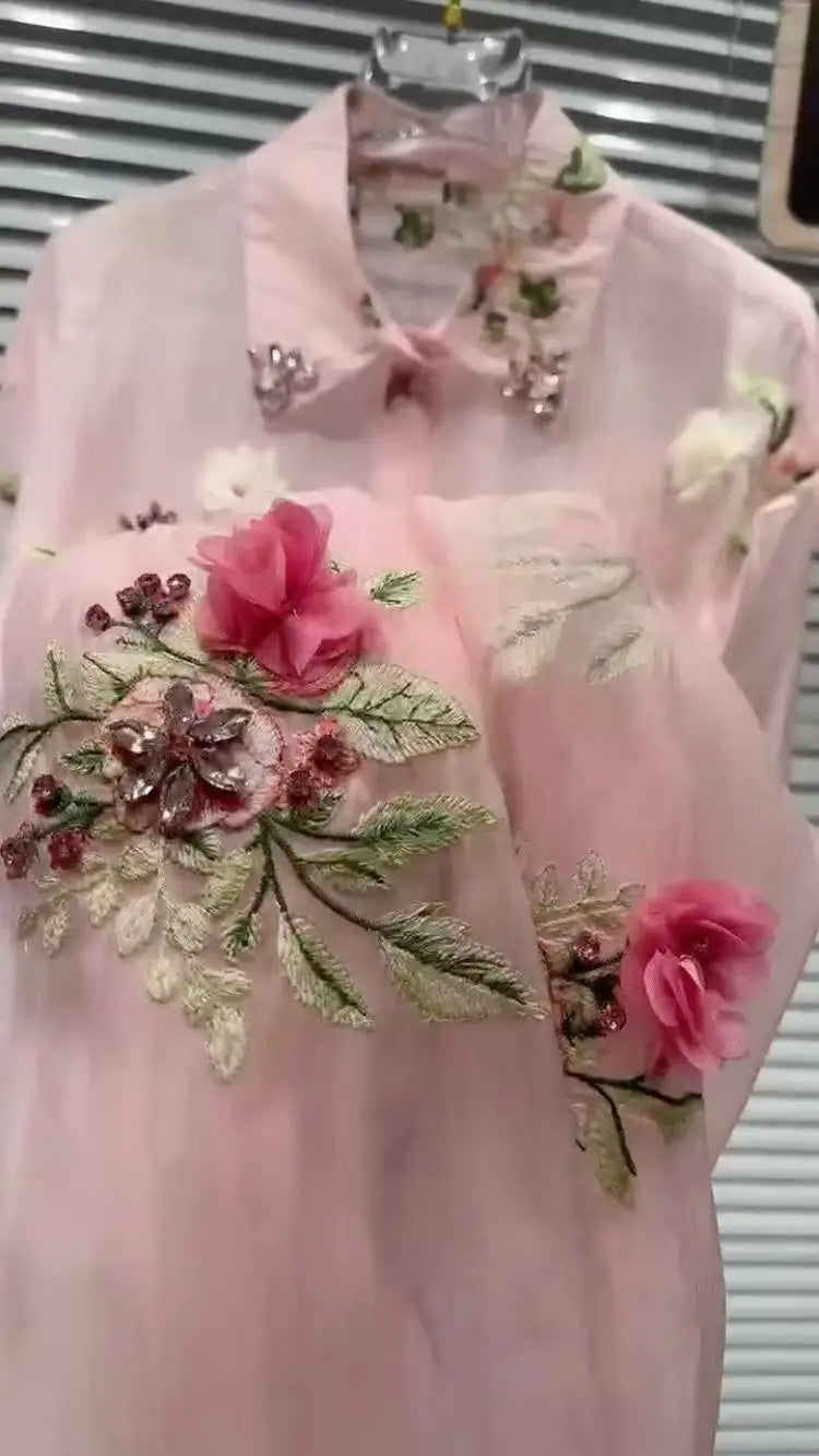New In 2025 Summer Diamonds Flowers Embroidery Shirts Blouses For Women Long Sleeve Thin Sunscreen  Loose Casual Top Cardigan