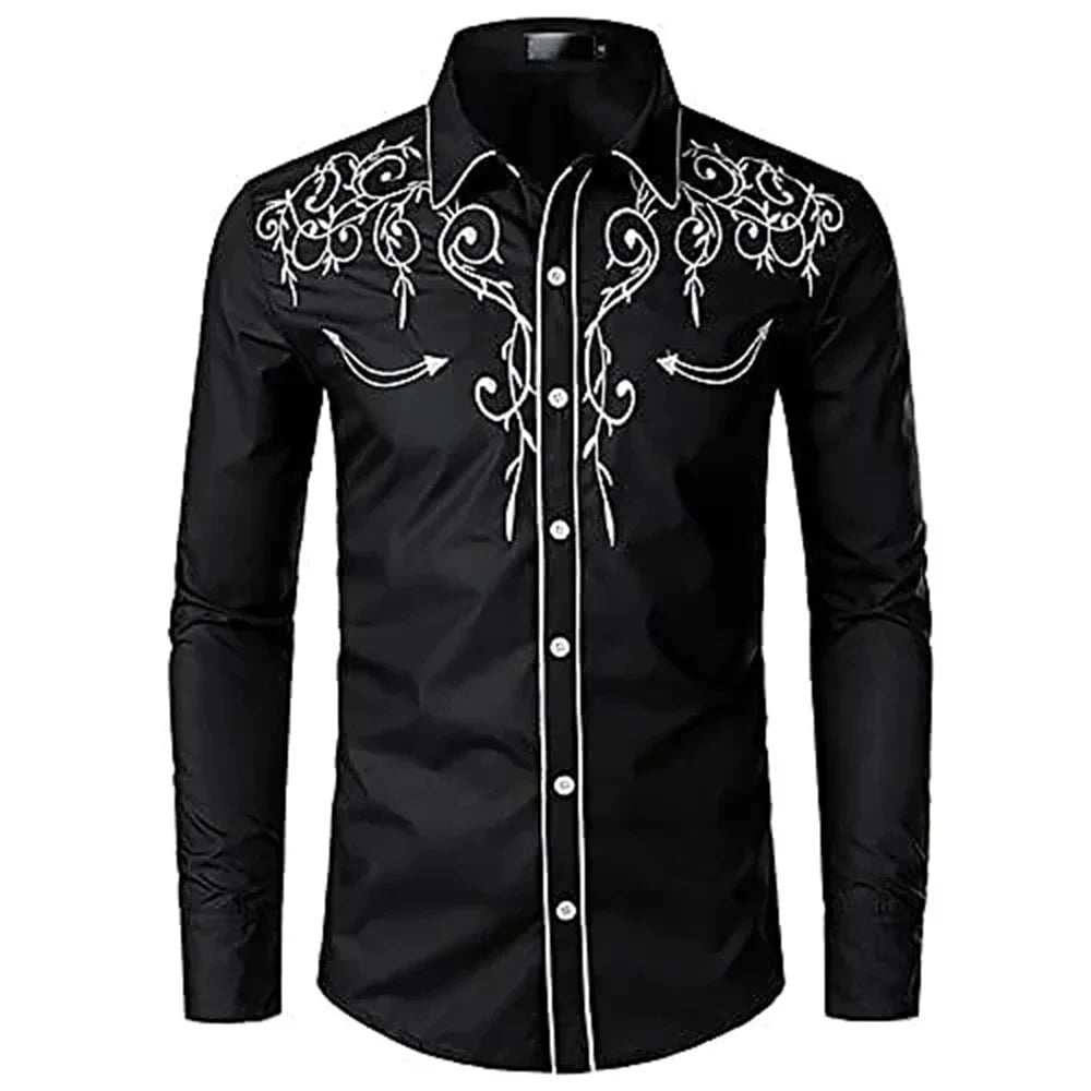 2025Fashion Men's Western Printed Long -sleeved Lapel Single -breasted Shirt Casual Social Men's Club Street Clothing