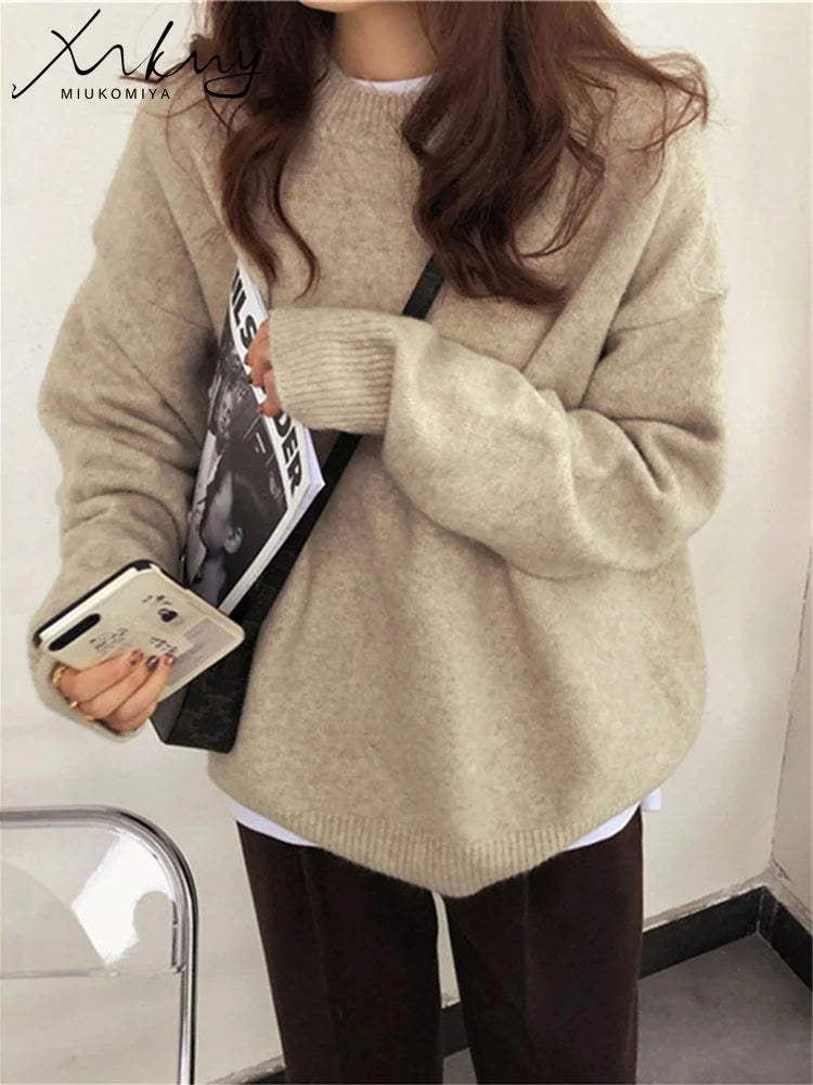 MiuKoMiYa Winter Sweater Women Yellow Warm O Neck Knitted Pullovers Loose Outwear Autumn Jumpers Women Vintage Sweaters Pink