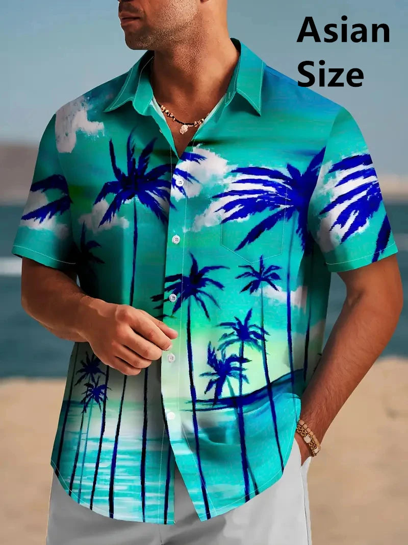 Tropical Coconut Tree Pattern Men's Short Sleeve Button Down Lapel Shirt For Summer Resort Holiday Hawaiian Style Oversized Tops