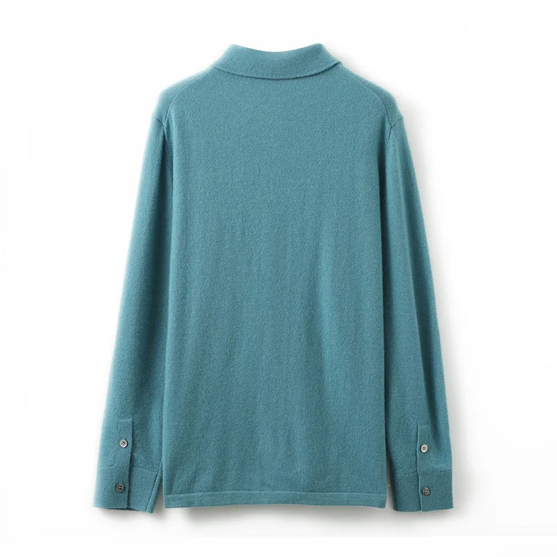 Autumn Winter New Men's 100% Cashmere Sweater Knitted Cardigan Solid Color Long Sleeved POLO Collar Shirt Jacket Casual