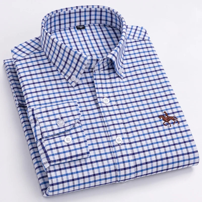 2024 new autumn men's long-sleeved plaid striped100% cotton Oxford spinning chest embroidery regular fit button work shirt S~6XL