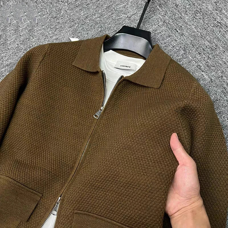 Light luxury high-end lapel zipper knitted jacket men autumn new style fashion pocket design Korean casual warm weater coat