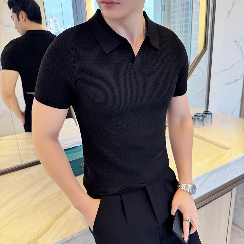 Pull Homme Autumn Winter Short Sleeve Polo Style Short Sleeve Sweater Mens Clothing 2024 Slim Fit Casual Knitted Men's Sweaters