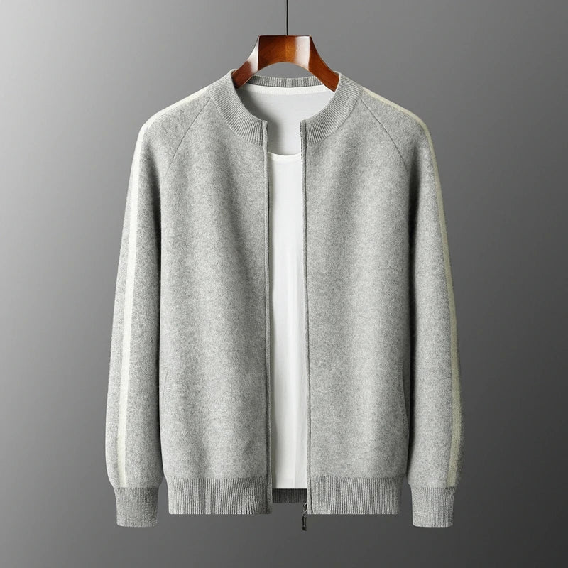 ATTYYWS  Men's new cardigan 100% wool sweater color blocked knit casual autumn and winter coat men's O-neck cashmere sweater