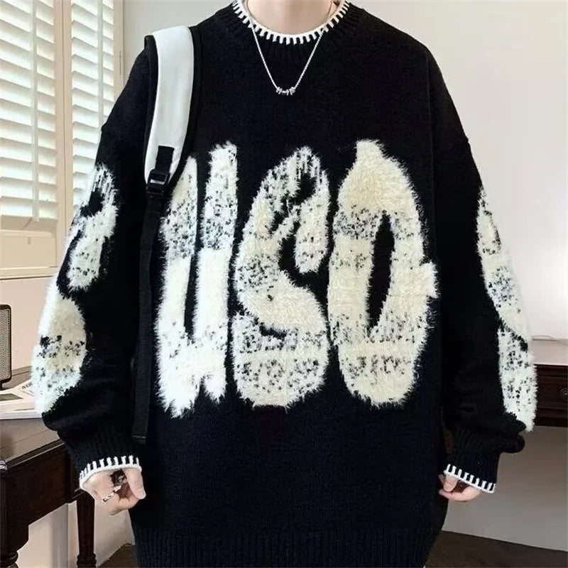 2025 New Letter Jacquard O-Neck Knitwear Men's American Fashion Retro Knitted Sweater Autumn Hip Hop Long Sleeve Y2K Pullovers