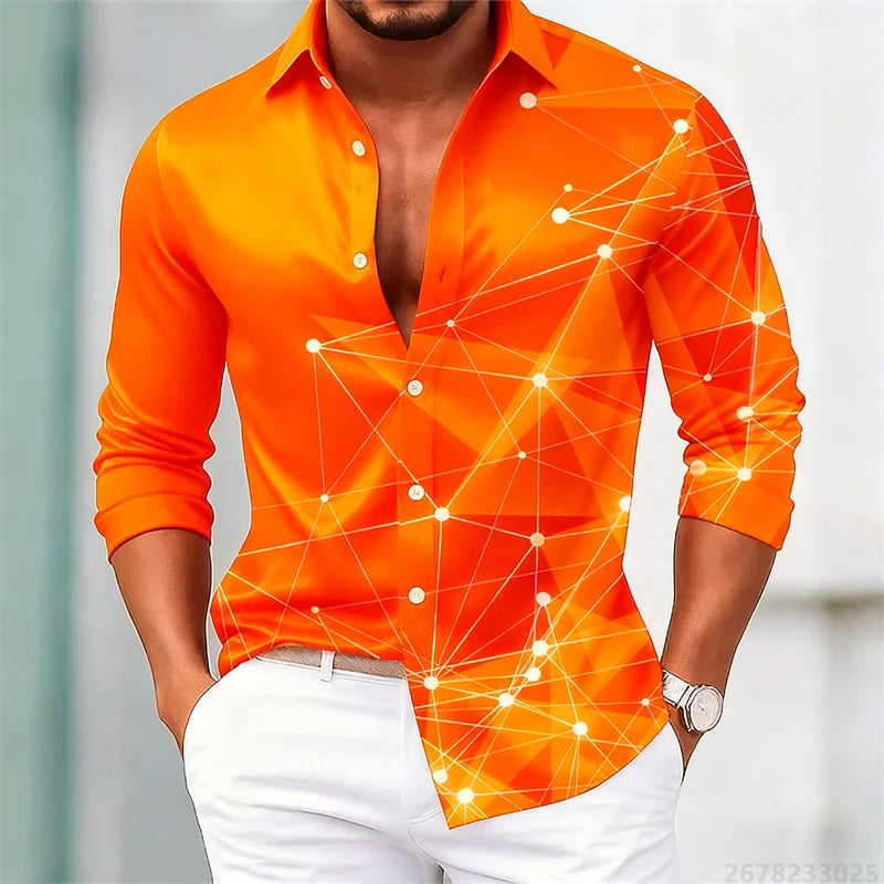Men's trendy geometric line print long-sleeved shirt. Fashionable slim black technology-style shirt. Popular men's shirt.