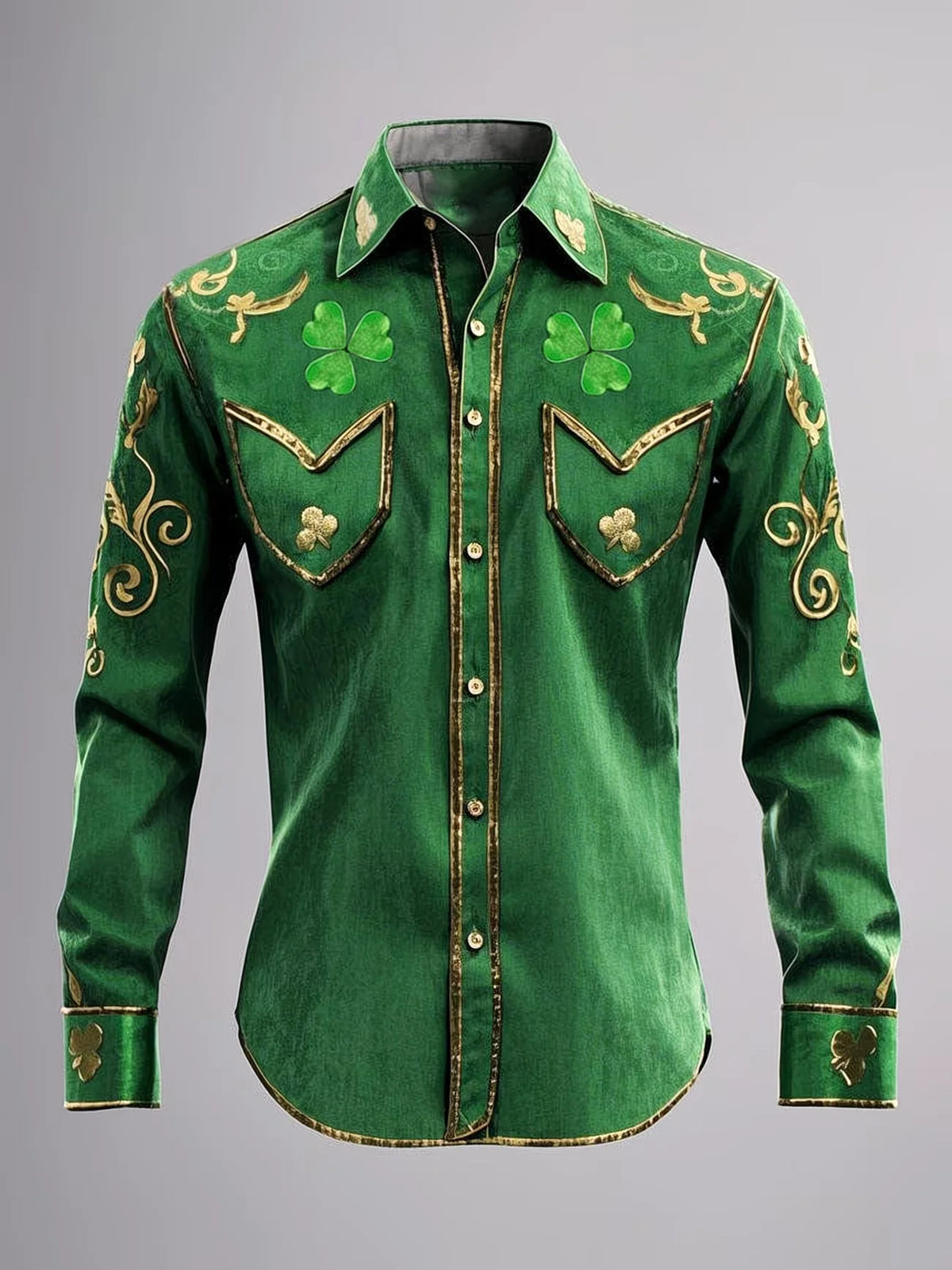 New men's 3D clover print retro pattern casual long sleeved casual shirt fashionable lapel top clothing