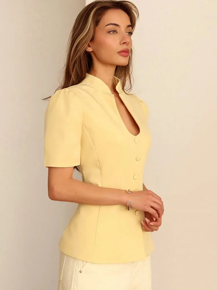 Short Sleeve Elegant Suits Coat Women Single Breasted V-neck Commute 2025 Autumn Female Blazer Street Solid Slim Lady Tops