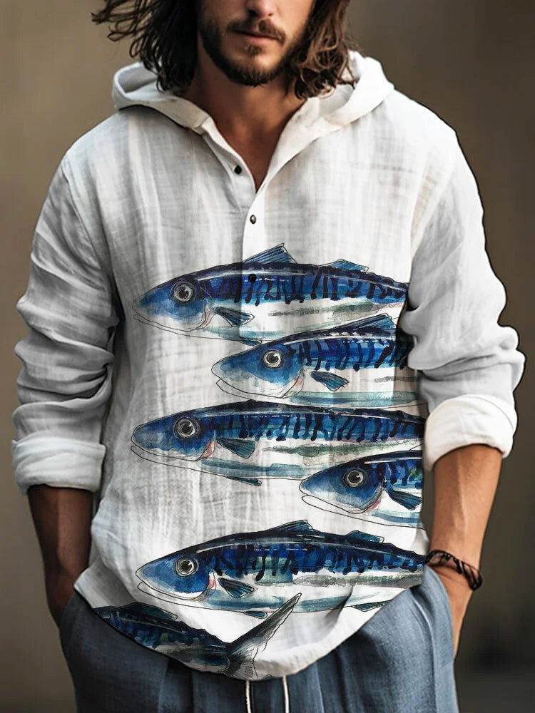 Spring and Autumn Men's Shirt Linen Fashion Casual Bamboo Hawaiian Style Printed Shirt Men's Top Long Sleeve Hooded Pullover
