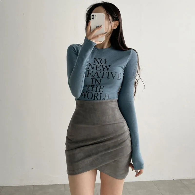 Grey Suede Mini Skirt Women's Autumn Winter New Style Irregular Fit High Waist Elastic Short Skirt One Step Wrap around Skirt