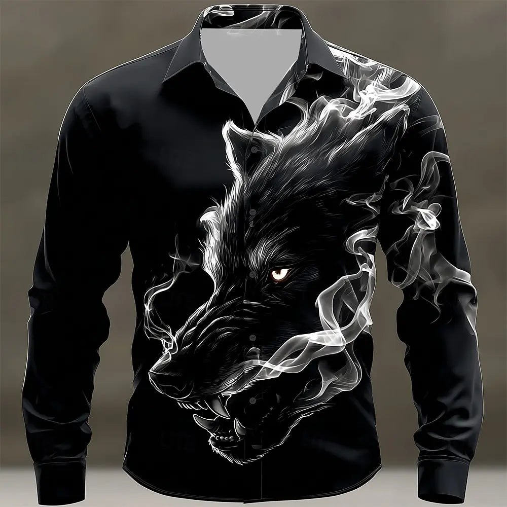 Men's Cool Smoky Animal Wolf Shirt Fashion 3D Printed Shirt Button Up Shirt Casual Long Sleeve Shirt Street Blouse for Mens