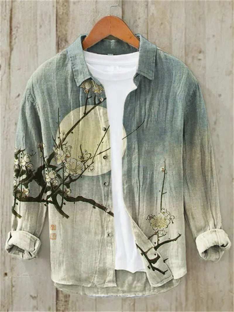 Men's Linen Casual Long Sleeve Shirt 3D Mesh Print Short Sleeve Casual Shirt, Vintage Style Tribal Print